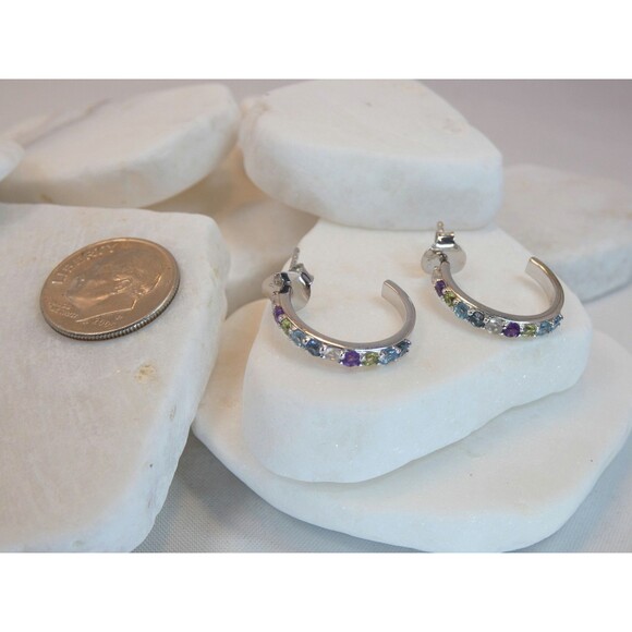 Genuine-Multi Color Gemstone Sterling Silver Hoop Earrings- Colorful Earrings - Picture 6 of 6